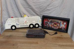 lot 185 image: Fire Dept Clock W Dog Bravery And Honor. And wood fire truck and alarm clock