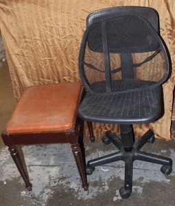 lot 190 image: Office chair and  vintage wood sewing stool with a brown faux leather top and storage