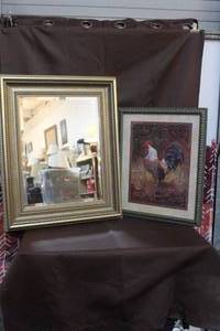 lot 206 image: gold-framed wall mirror. About 29 inches tall And a framed rooster picture