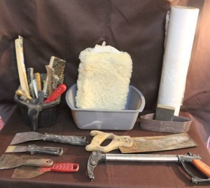 lot 230 image: Mixed tools like wire brushes putty knife saw plastic wrap and more see pictures