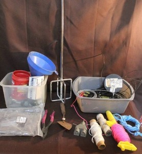 lot 234 image: collection of Wire and string and mixing paddle drill attachment. And more see pictures
