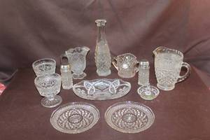 lot 271 image: 2-vintage Anchor Hocking Early American Prescut glass footed bowl in the clear Star of David pattern.  And much more see pictures