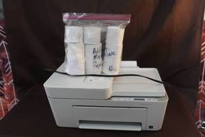 lot 282 image: HP Deskjet plus 4155 scanner printer and bag of adding machine paper rolls