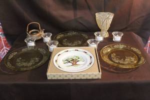 lot 291 image: Sharon or Cabbage Rose pattern, a type of vintage amber Depression Glass plates and Avon Fifth Anniversary The Great Oak collectible plate.vintage Consolidated Glass Company Line 700 Martele fan vase. And much more see pictures for details