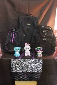 lot 300 image: Back packs and tote bag and suitcase with a few plushies