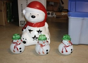 lot 87 image: Christmas polar bear candle holder (almost 2 ft. tall) and glass snowmen