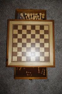 lot 123 image: Wooden chess board and pieces