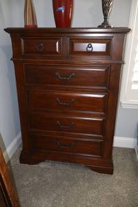 lot 141 image: Tall dresser - 38W x 18D x 52H. Top 2 drawers are velvet lined. This item is upstairs, HEAVY, bring help
