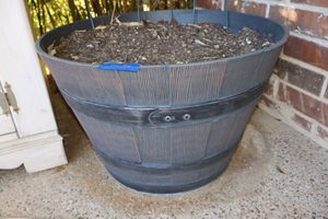 lot 160 image: Outdoor whiskey barrel planter with wire trellis