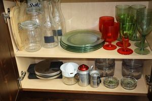 lot 61 image: Glass jars, plastic goblets and plates, juicer and more