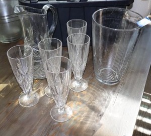 lot 77 image: Princess House crystal glasses, crystal pitcher, and clear glass vase