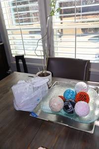 lot 78 image: Home dcor Glass bowl with decorative balls, 16 metal tray and live plant