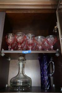 lot 75 image: Vintage Fostoria Moonstone pink glass water goblets, Blue lead crystal pitcher, and clear glass decanter
