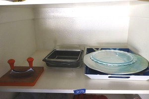 lot 173 image: Baking pans, plastic serving tray, vintage herb chopper