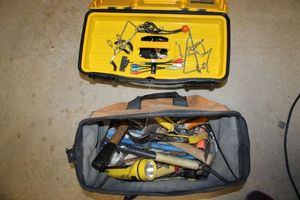 lot 241 image: Ridgid tool bag and yellowblack plastic sectioned toolbox and contents