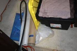 lot 218 image: Drop clothes, plastic sheeting, tarp, and roll of brown paper