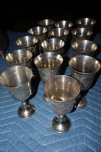 lot 281 image: Vintage silver-plated brass goblets are World Gift ZY India etched chalices