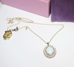 lot 3 image: Jewelry Opal and diamond pendant necklace (tested positive with diamond tester but we are not jewelers - must preview for yourselves) Necklace marked 925 JWBR India