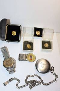 lot 110 image: Jewelry Mens pocket watch, watch, money clip, and RTC lapel pins