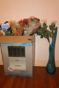 lot 68 image: Tall blue glass vase with artificial flowers