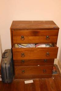 lot 163 image: Small dresser with craft contents and vintage suitcase