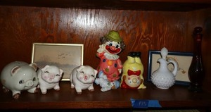 lot 173 image: Vintage glass jars, clown figurines, piggy banks