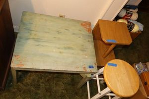 lot 184 image: Green swivel top table, stool and shelf unit