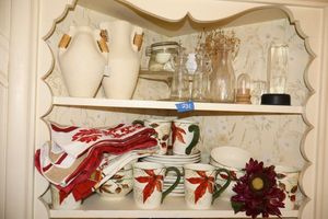 lot 231 image: Pier 1 ASHEVILLE dish set, pottery jars and clear glassware