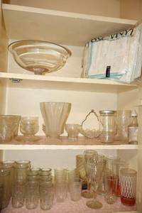 lot 235 image: Vintage juice glasses, crystal clear pedestal bowl, Flower tablecloth and napkin set and more