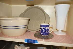 lot 239 image: Marshall pottery bowl, grape design milk glass vase, shortbread cookie pan