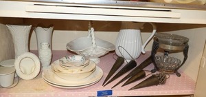 lot 246 image: Lenox vases and picture frame, metal cone shaped hanging vases and ceramic basket