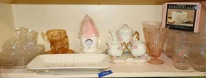 lot 252 image: Pink glassware, pink flower tea set, iridescent luncheon set