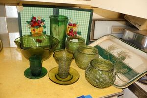 lot 253 image: Vintage green glass bowls, tray and embroidered strawberries