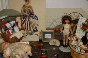lot 328 image: Dolls, basket of sewing thread, wall art and more