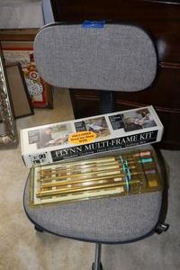 lot 326 image: rolling office chair, quilters multi-frame kit, and Fasturn fabric tube turning tools