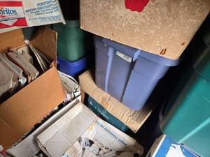 lot 373 image: Bulk shed contents lots of totes with Christmas items and craft fabrics