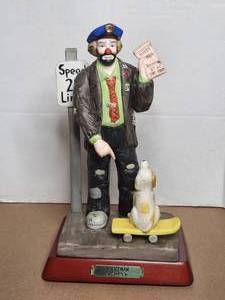 lot 109 image: Vintage Emmett Kelly Jr Flambro Porcelain Clown Figurine - Policeman with dog - wood base - hand signed
