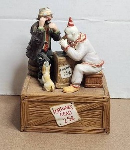 lot 80 image: Vintage Emmett Kelly Jr Flambro Porcelain Clown Figurine - Music box - Fortune Teller -signed and dated
