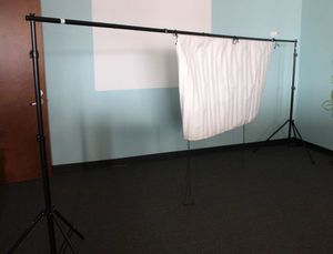 lot 104 image: Very Long Backdrop Stand, Can be purposed as Clothing Rack, or Stand-alone Curtain, so many uses (same photos used for multiple lots)