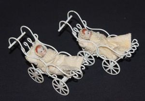 lot 129 image: Two Miniature Dollhouse Wire Baby Carriage Stroller with Porcelain Doll and Lace Blankets