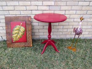 lot 501 image: Red theme, Occasional table, Metal flamingo yard art, Framed metal art