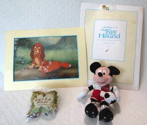 lot 540 image: Disney The Fox & the Hound exclusive lithograph, Stuffed Mickey Mouse, and Peter Pan McDonalds toy unopened