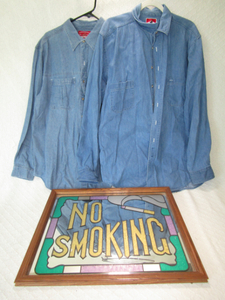lot 547 image: Authentic Marlboro labeled 100% cotton button up shirts (2) and No Smoking framed mirror