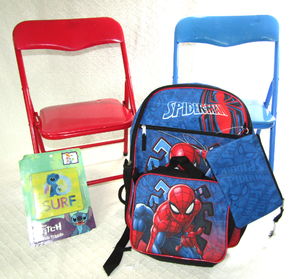 lot 585 image: Spider-man back pack, childrens folding chairs and Lilo & Stich bath toy