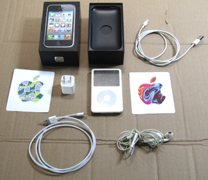 lot 586 image: Retro Apple iPod model A1136, ear buds, decals, charge cord, Apple iPhone box (No phone)