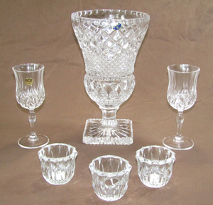 lot 589 image: Bohemia Czech Republic 24% lead crystal compote vase, Lead crystal stem glasses, lead crystal tea light candle holders
