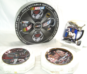 lot 604 image: NASCAR Dale Earnhardt collectibles, decorative plates, beer stein, Hot cocoa gift set. all NIB