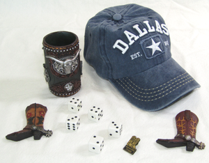 lot 609 image: Texas theme collectibles, Dallas Est. 1841 cap, Cowboy boots mini decor, Yahtzee cup with dice, Amarillo Texas lapel pin
