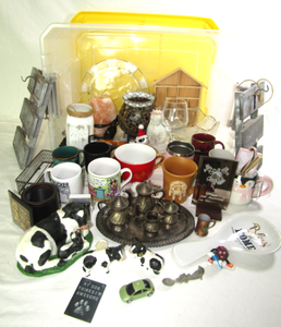 lot 616 image: Assorted decor, cups, silver plate mini tea serving set and more as shown