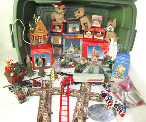 lot 633 image: Assorted Christmas ornaments & decor as shown, includes storage tote
